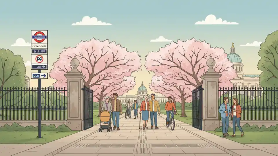 Greenwich Park entrance with transit station signage visible, cherry blossom trees framing pathway, pedestrians entering park in morning light, public transport accessibility features
