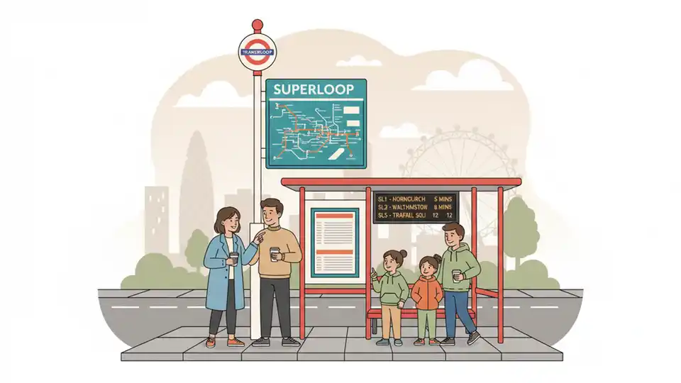 London bus stop with Superloop route map and digital arrival board showing express service times