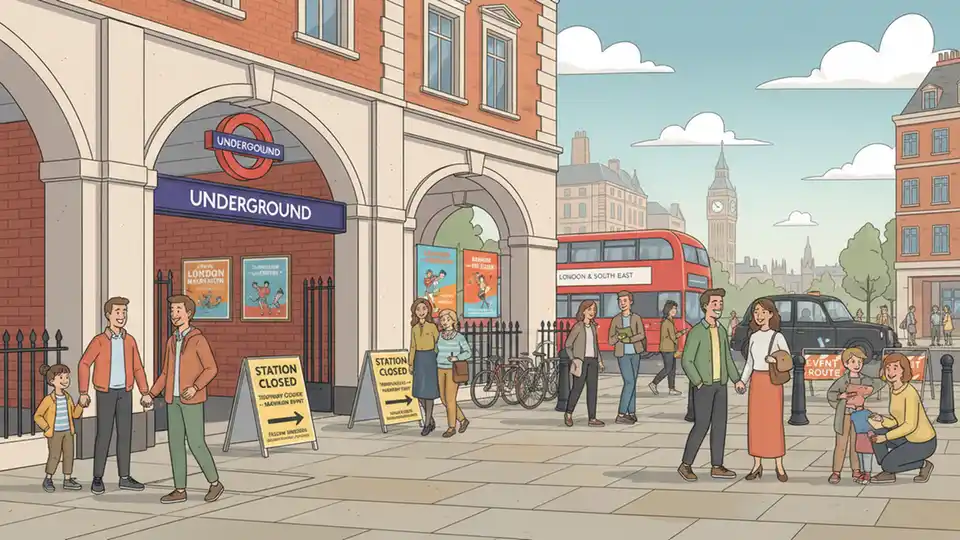 London Underground station entrance with temporary closure signs and marathon event notices posted