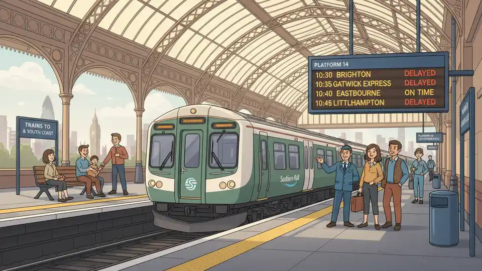 Southern Rail train at London Victoria station with departure board showing delay information