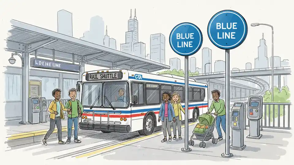 CTA shuttle bus at transit station with Blue Line signage visible in background, showing temporary service connection during rail disruption