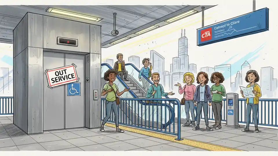 CTA station elevator with out of service sign and accessibility symbol