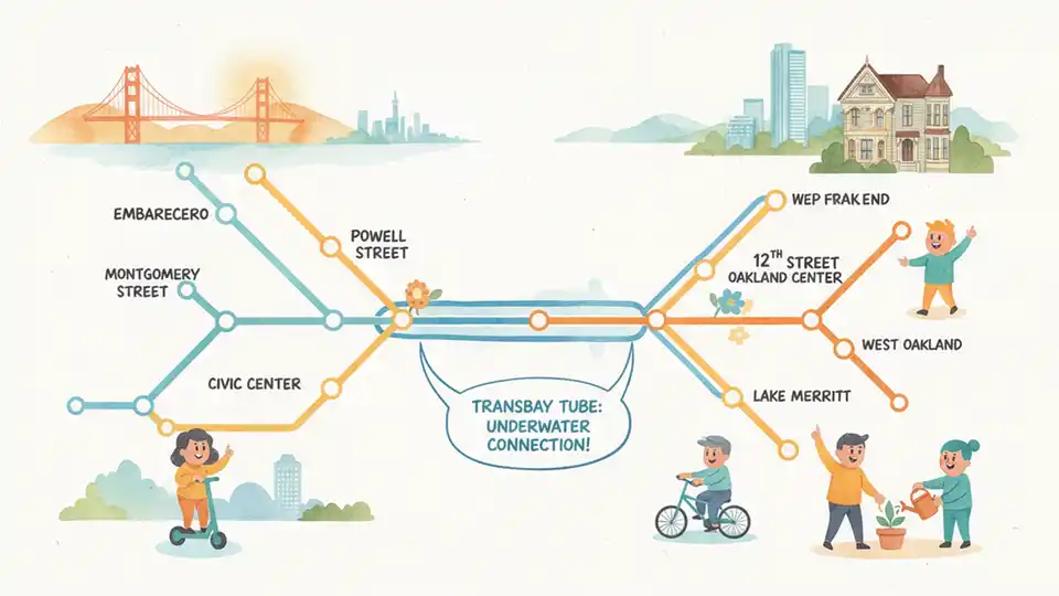 BART system map showing Blue, Yellow, and Orange lines with Transbay Tube highlighted
