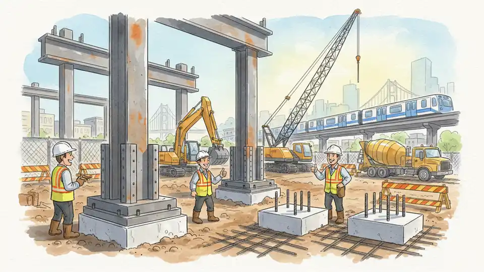 Steel construction materials and embedded plates at BART construction site with workers and heavy equipment