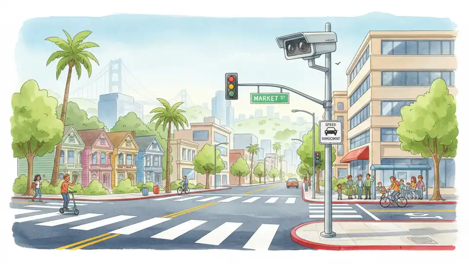 Automated speed enforcement camera mounted on pole near San Francisco street with red-painted curb at intersection