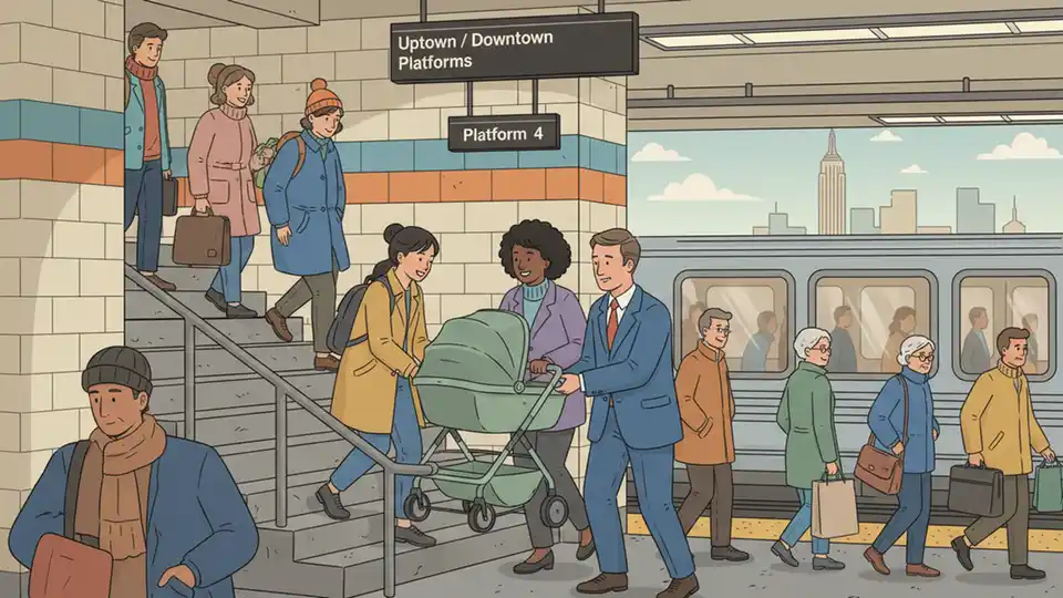 NYC subway passengers helping parent with stroller on station stairs, diverse crowd, interior station lighting