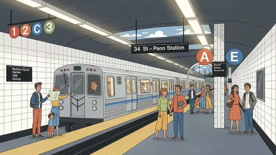New York City subway train on platform with route number signs visible, showing multiple colored line indicators for 1, 2, 3, A, C, E lines serving Penn Station and Madison Square Garden area