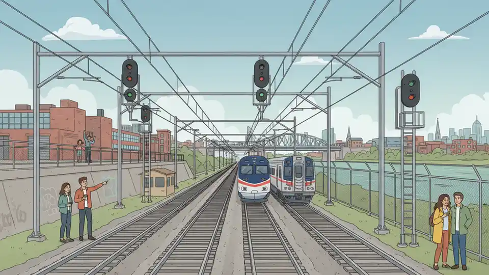 Amtrak signal equipment and rail infrastructure along Northeast Corridor tracks between Penn Station and Newark Penn Station