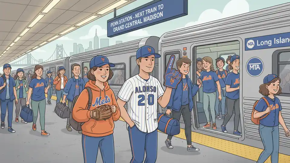 Fans boarding LIRR train with Mets gear and baseball caps