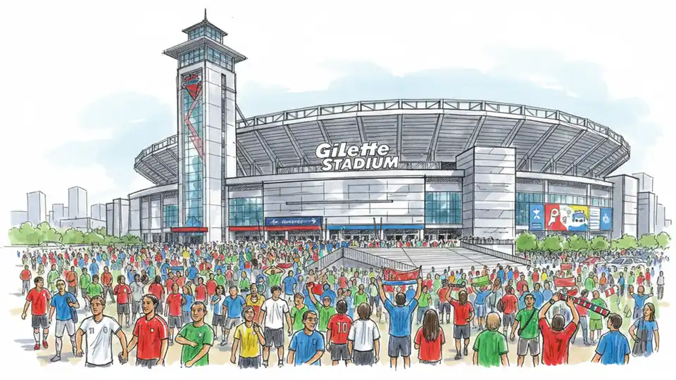 Gillette Stadium exterior with crowds of soccer fans arriving for international match