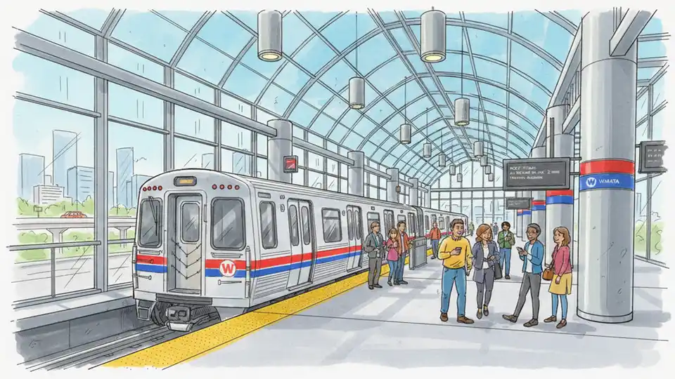 Metro train at Greensboro station in Tysons, Virginia, with modern station architecture and passenger platform