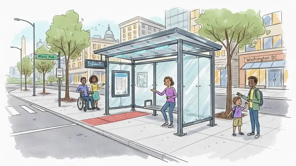 Modern bus shelter with translucent walls and LED lighting at transit stop showing accessibility features