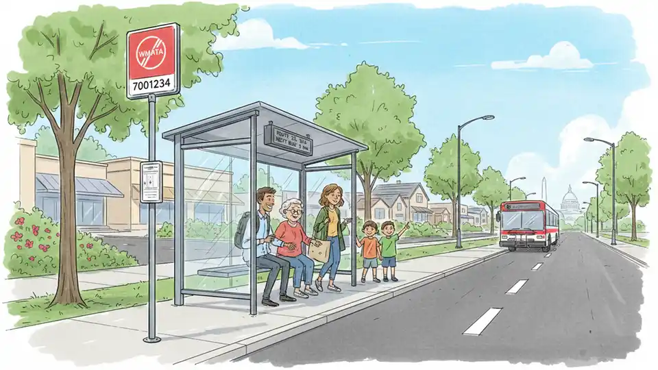 WMATA bus stop sign and shelter on Allentown Road with clear stop identification number visible