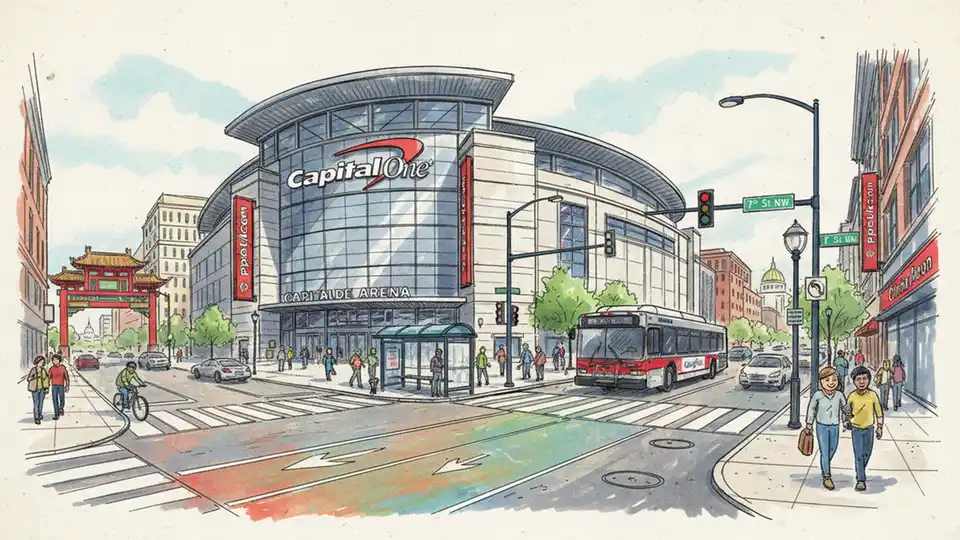 Capital One Arena exterior with WMATA bus stop and downtown Washington DC street scene