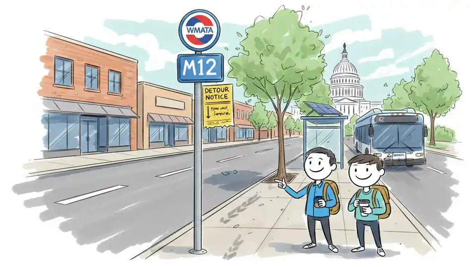 WMATA bus stop sign on University Boulevard showing M12 route information with detour notice posted