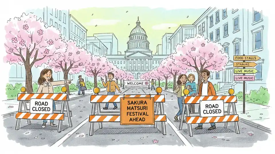 Street closure signs and barriers set up for Sakura Matsuri festival in downtown Washington DC