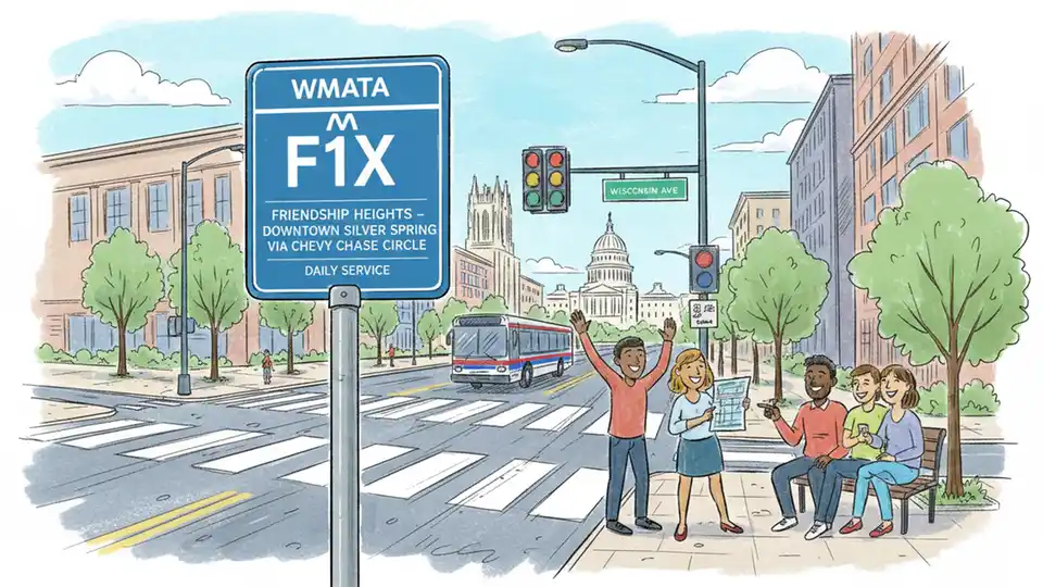 WMATA bus stop sign showing F1X route number with street intersection in background