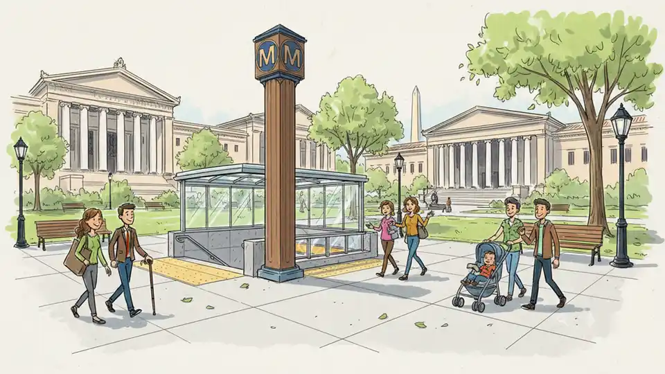 DC Metro station entrance near Smithsonian museums on National Mall with wide sidewalks and accessible design features