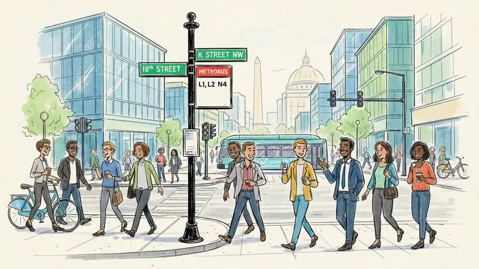 Bus stop sign post at urban intersection with 18th Street and K Street NW street signs visible