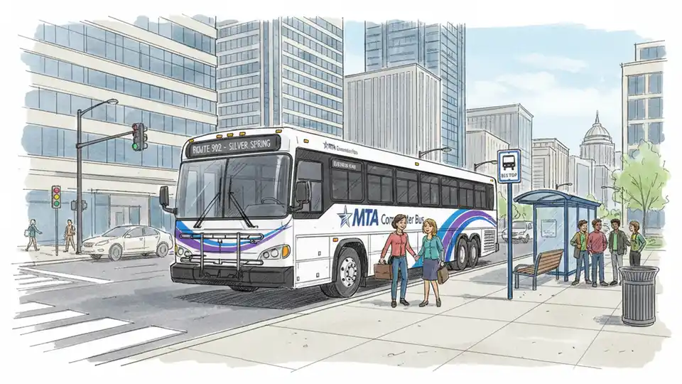 Maryland Transit Administration commuter bus at downtown Washington DC stop with urban office buildings in background