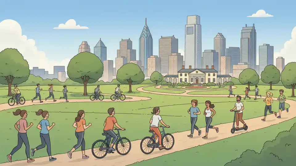 Wide view of East Fairmount Park's Lemon Hill area showing green space and pathways with Philadelphia skyline visible in background, daytime, clear weather