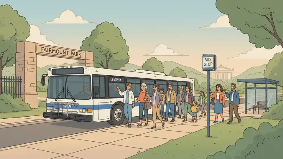 SEPTA bus approaching a park entrance with passengers boarding, urban park setting, trees and green space visible, afternoon lighting
