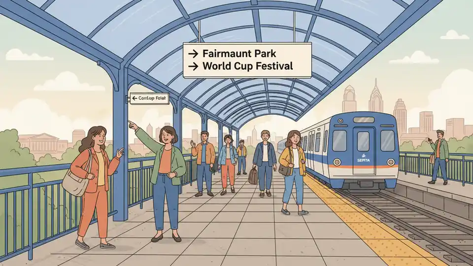 SEPTA transit stop or station with directional signage for Fairmount Park and World Cup festival