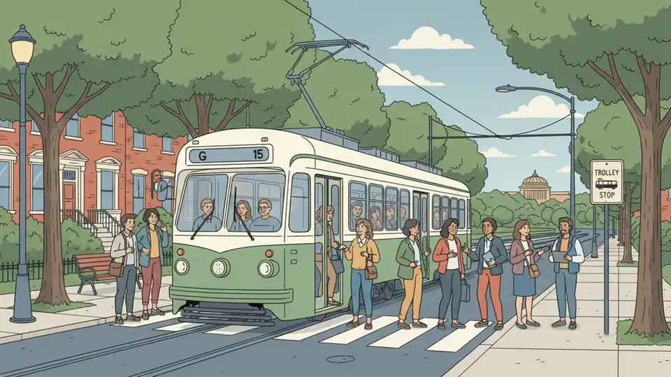SEPTA G trolley on Philadelphia street with passengers boarding near Fairmount Park area during daytime