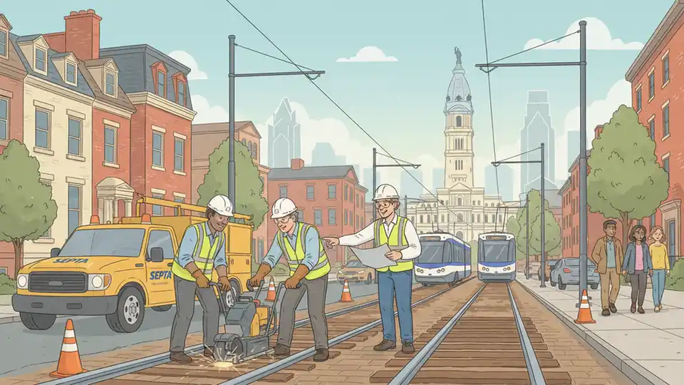 SEPTA maintenance crew working on trolley tracks with safety equipment and repair vehicles in urban setting