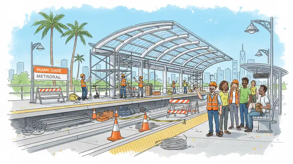 Construction work at Miami-Dade Metrorail station platform with new canopy installation