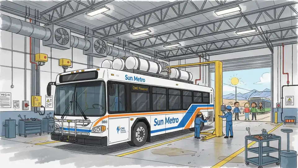 CNG-powered transit bus at maintenance bay showing compressed natural gas fuel system and safety equipment