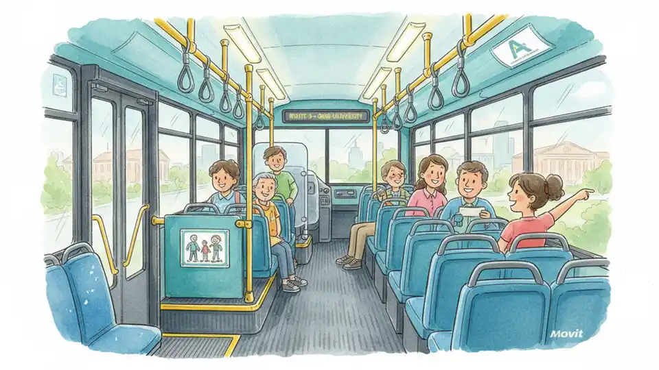 Transit bus interior showing passenger seating capacity and accessibility features on Athens Public Transit vehicle