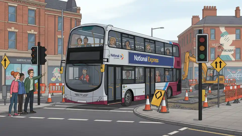 Birmingham city bus at street intersection with construction barriers and highway work equipment visible in background