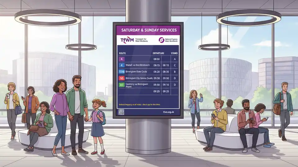 Bus timetable display board showing weekend schedule information at West Midlands bus station