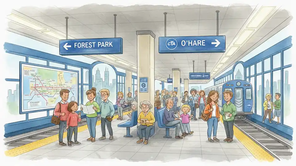 CTA station platform with directional signage showing Forest Park-bound and O'Hare-bound directions