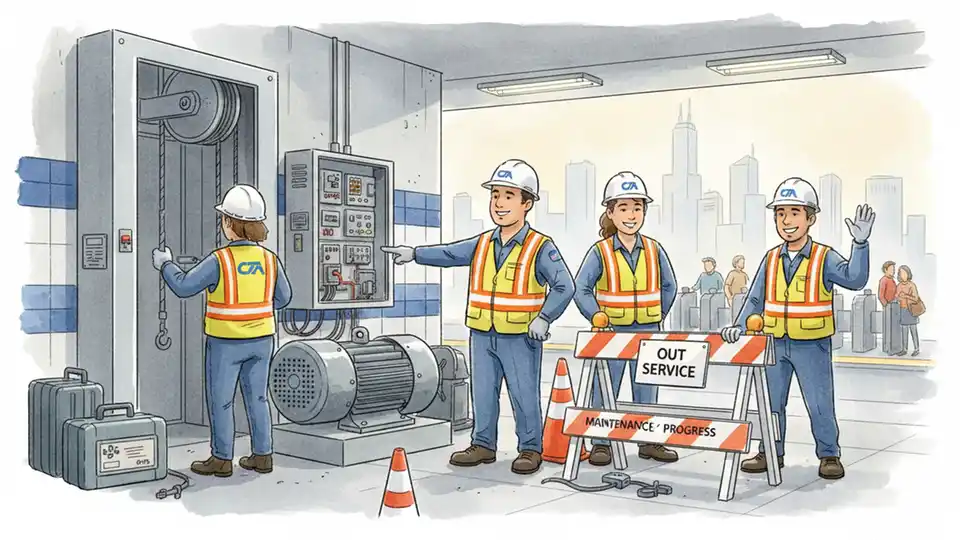 CTA maintenance crew working on elevator equipment at downtown Chicago rail station