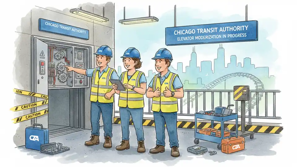 CTA maintenance crew working on elevator equipment at Chicago transit station