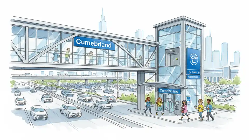 CTA Blue Line Cumberland station exterior showing south pedestrian bridge entrance with elevator access point