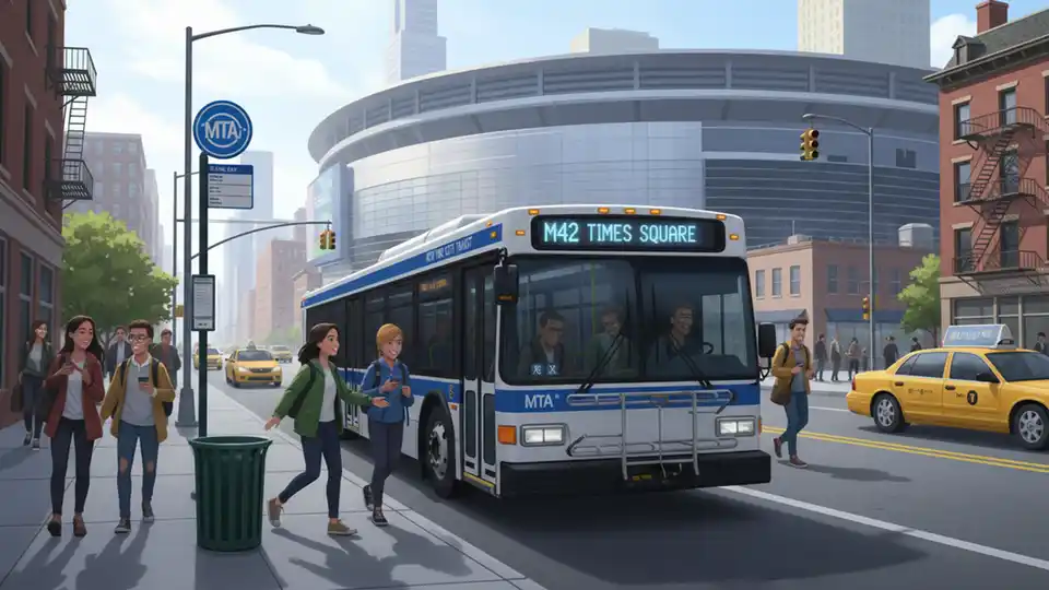 MTA bus at city street stop with arena visible in background