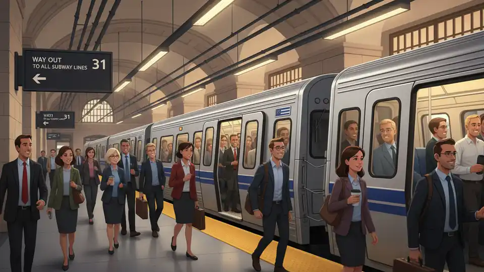 Metro-North train at Grand Central Terminal platform with passengers boarding during peak hours