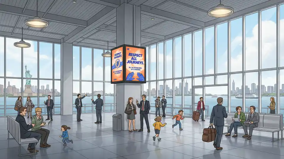 Staten Island Ferry terminal interior showing digital display with anti-street harassment campaign advertisement, with ferry passengers and waterfront visible through windows