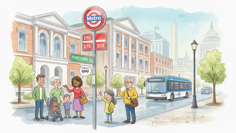 Washington DC Metro bus stop sign showing D10 and D1X route numbers with Pennsylvania Avenue street sign