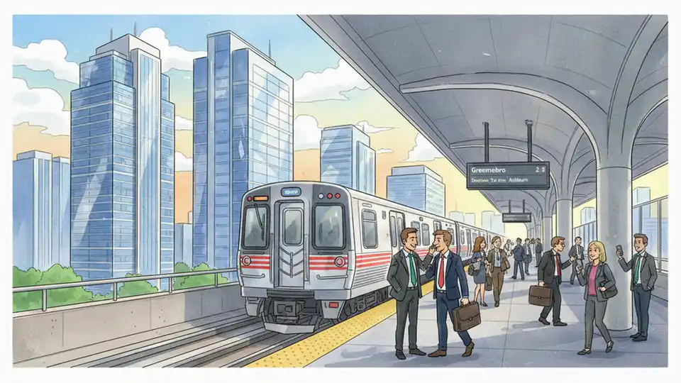 Metro Silver Line train at Greensboro station in Tysons with office buildings and commuters on platform