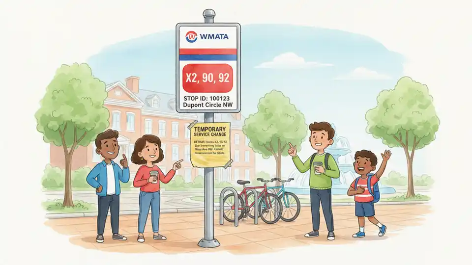 WMATA bus stop sign with temporary detour notice posted
