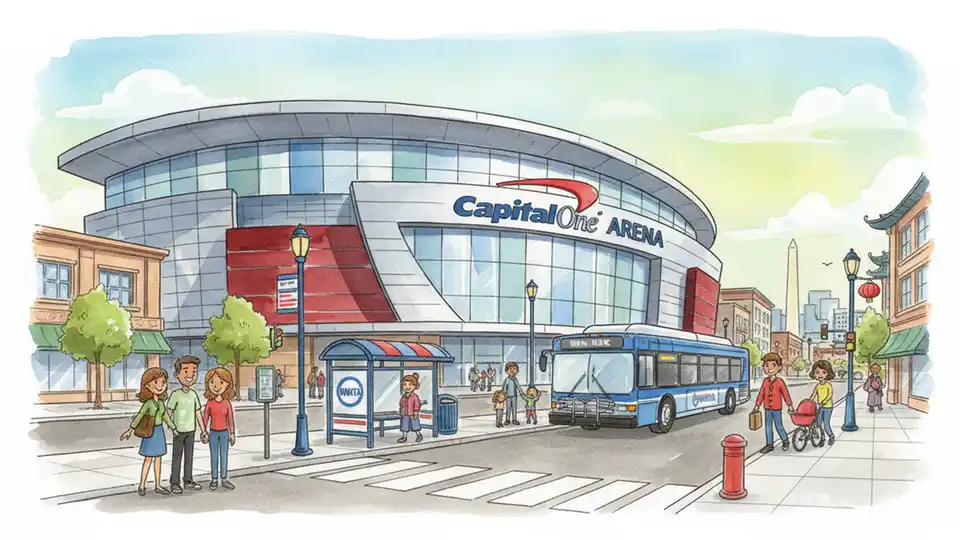 Capital One Arena exterior in downtown Washington DC with WMATA bus stop in foreground
