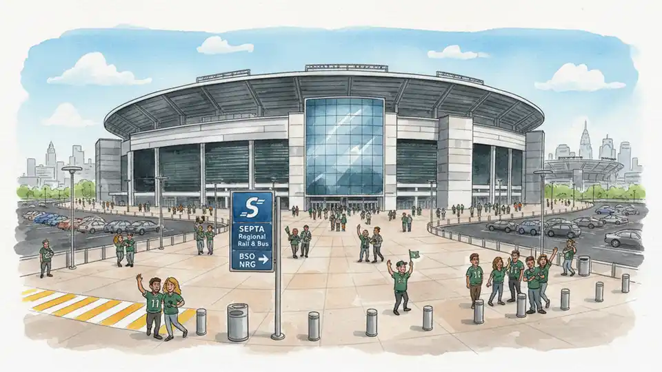 Lincoln Financial Field exterior with SEPTA transit signage and pedestrian walkways leading to stadium