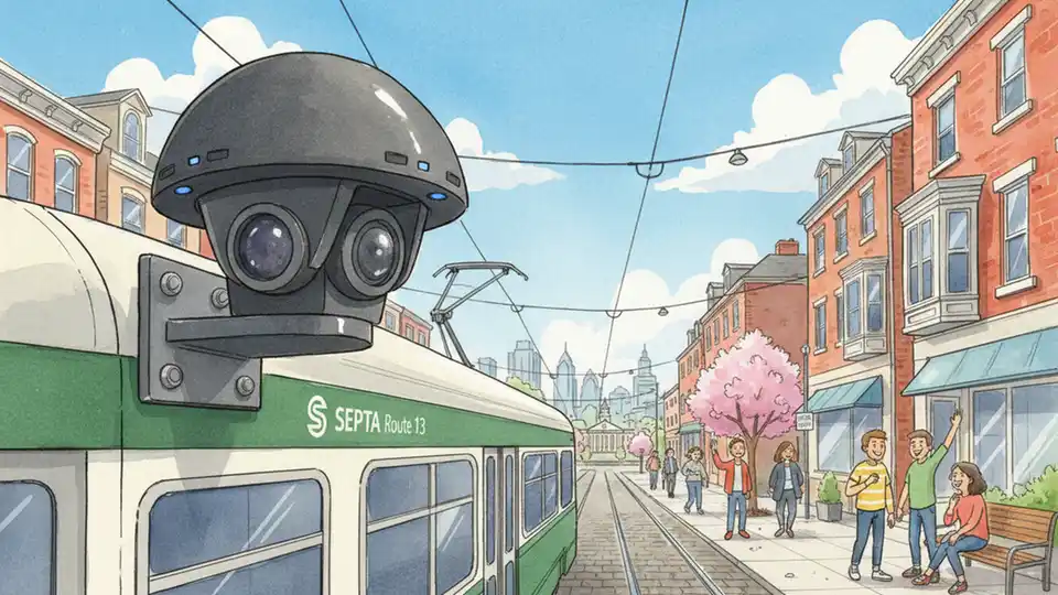 Close-up of AI enforcement camera mounted on SEPTA trolley with Philadelphia street scene in background