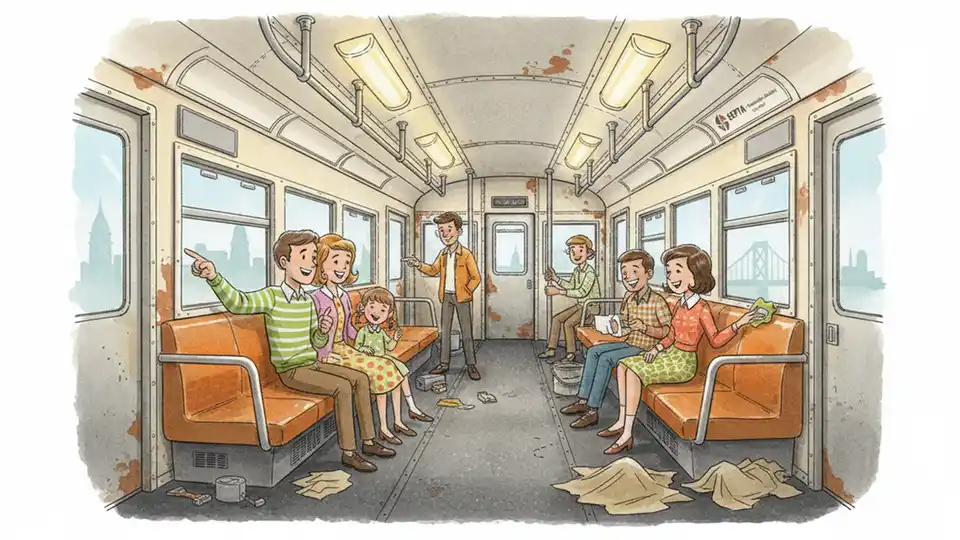 Interior of vintage 1960s SEPTA train car showing period-specific seating and design elements during museum restoration