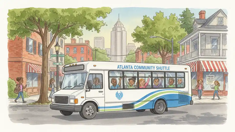Community shuttle bus transporting Atlanta residents to police town hall meeting with Zone 1 neighborhood buildings in background