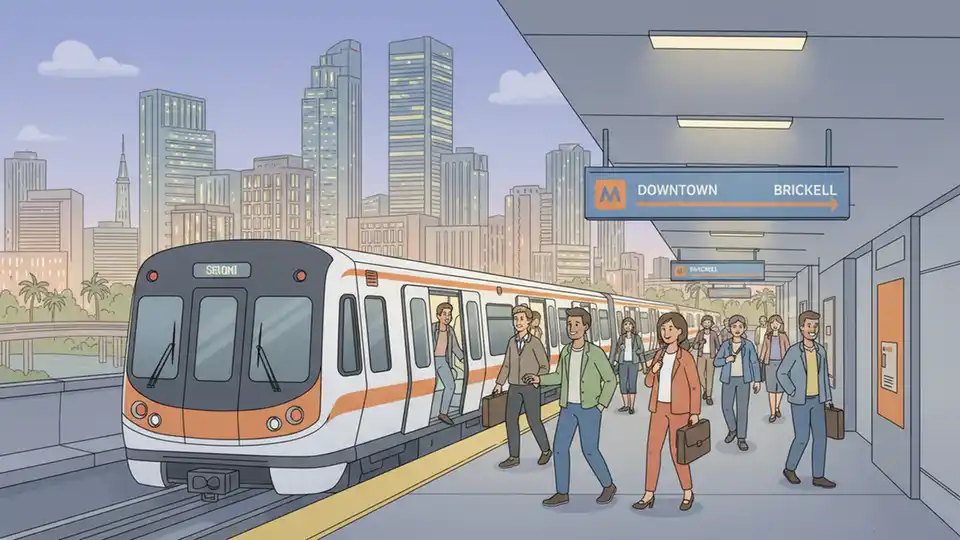 Miami Metrorail train at downtown station platform with passengers boarding during evening hours, showing station signage and urban skyline